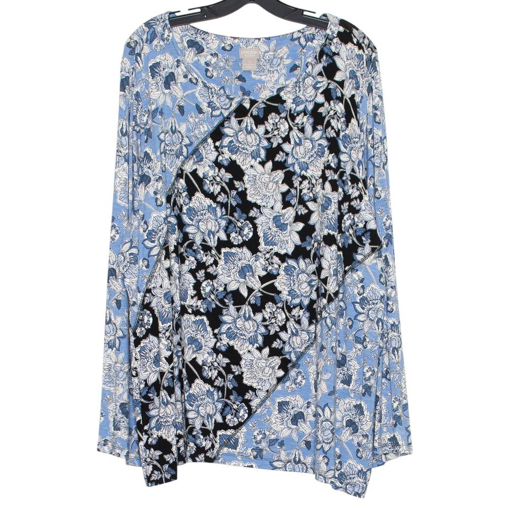 Chicos Top Floral Patchwork Cottage Boho Romantic Artsy Blue White 4 XXL 20/22